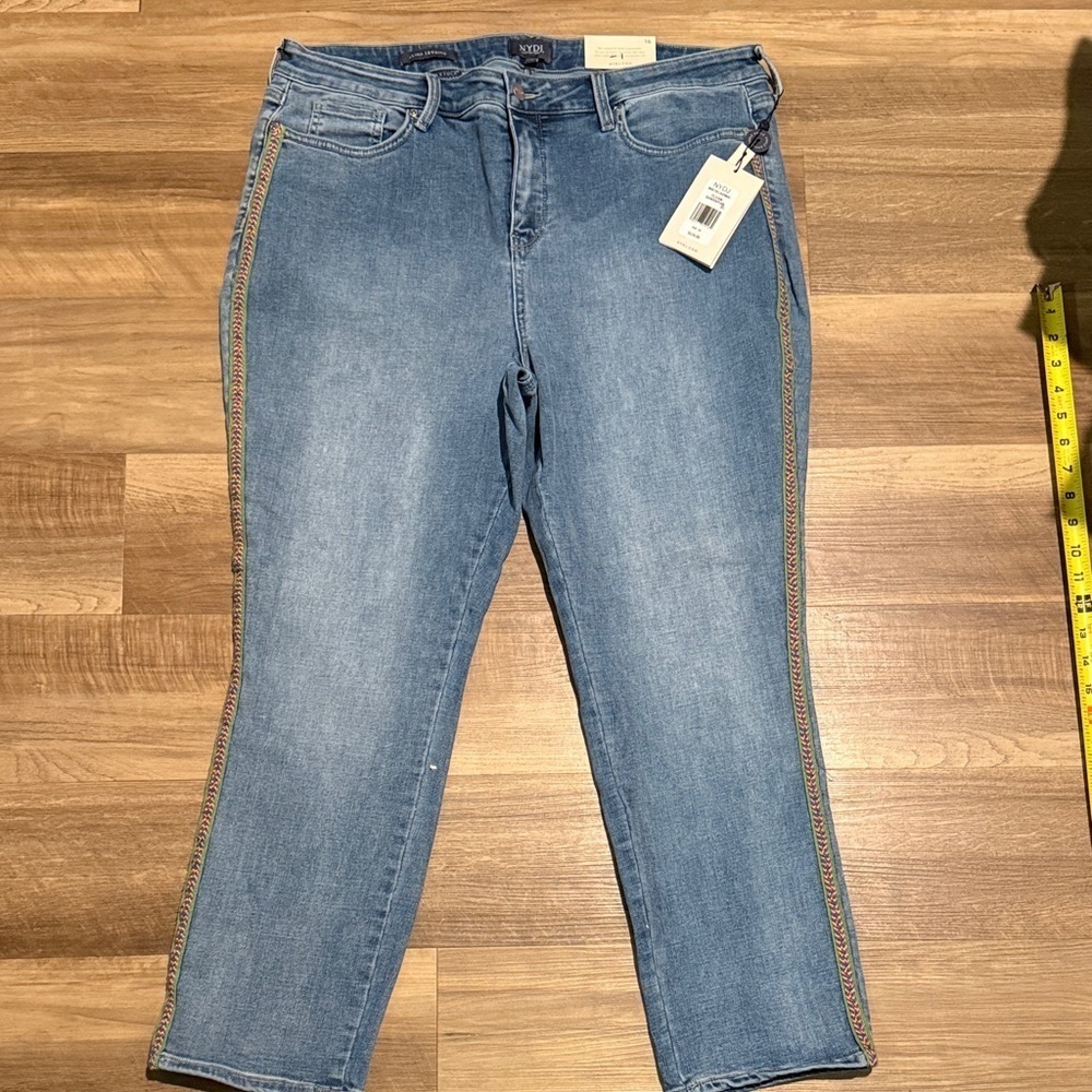 NWT NYDJ Womens Alina Legging Blue Denim Jeans with strips Sz 16 Lift Tuck